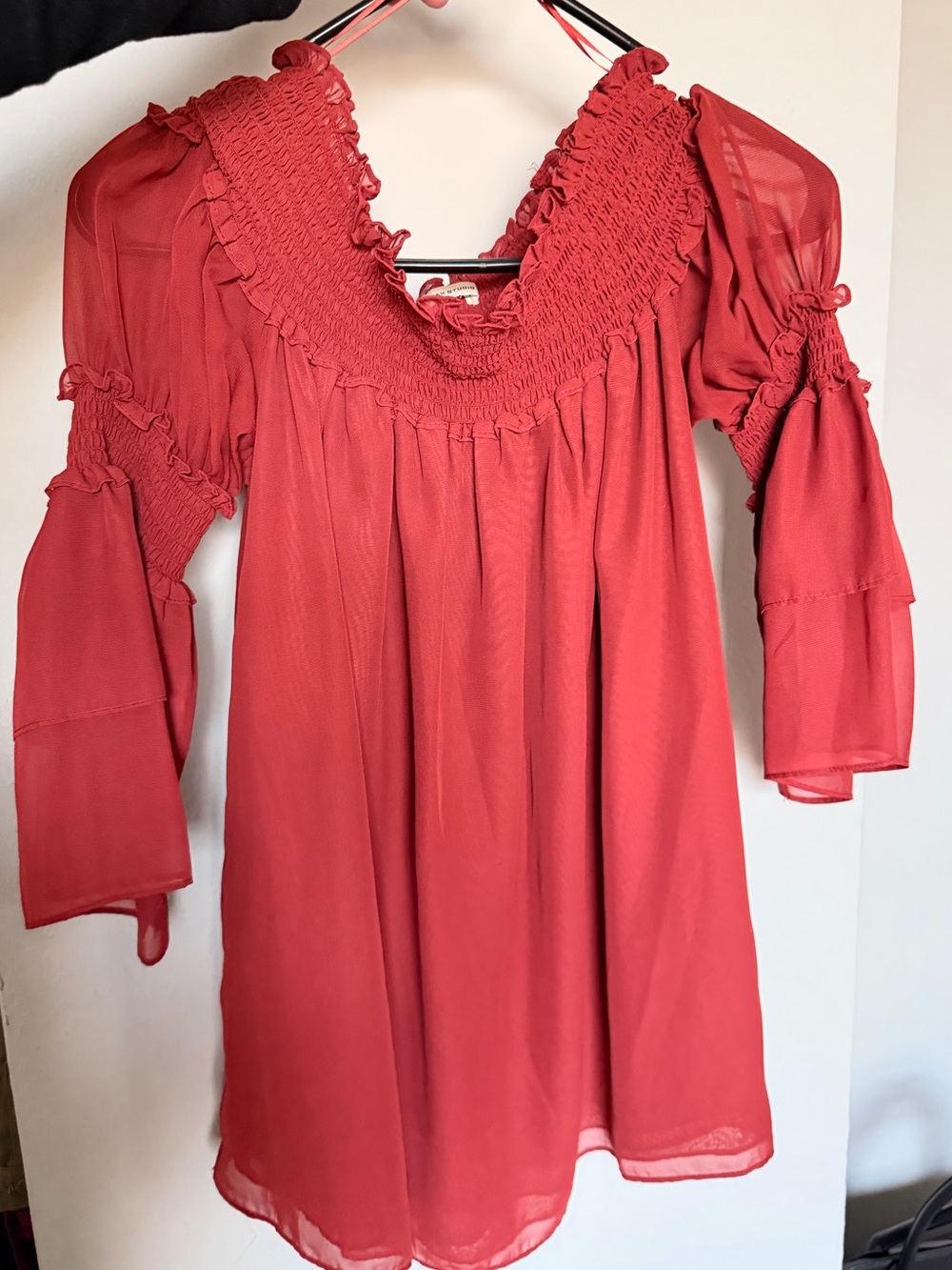 Max Studio Smocked Off-Shoulder Red Tunic Dress